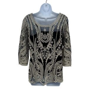 Ultra Pink Black and Cream Gold Sheer Embroidered 3/4 Sleeve Tank Blouse Large